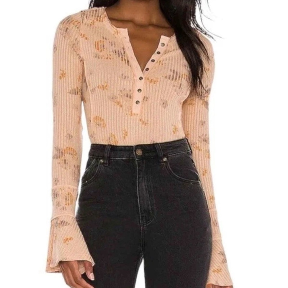 Free People Layer Me Henley Floral Bell Sleeve Top